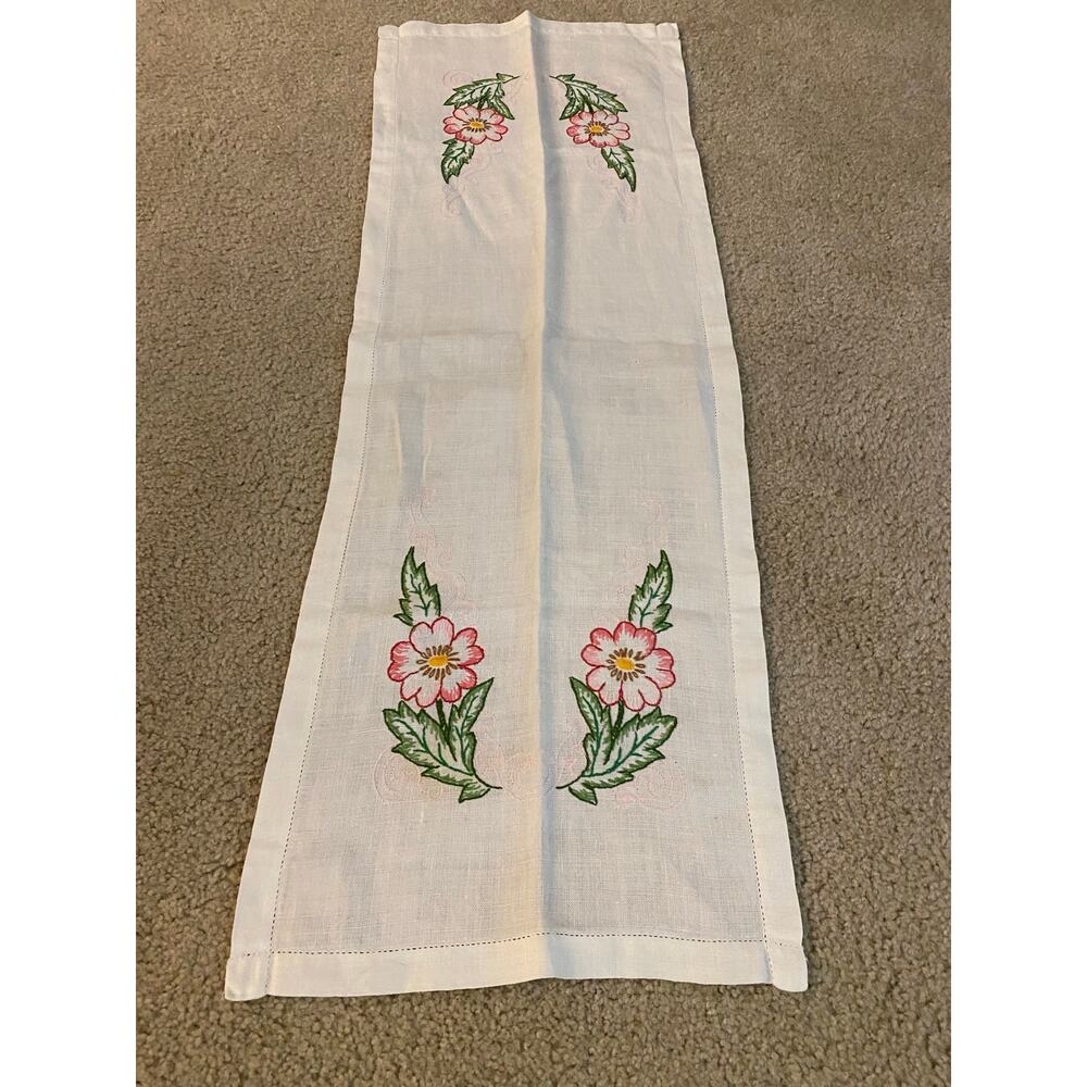 Vintage Hand Embroidered Floral Table Runner White Linen Hemstitch Cottagecore